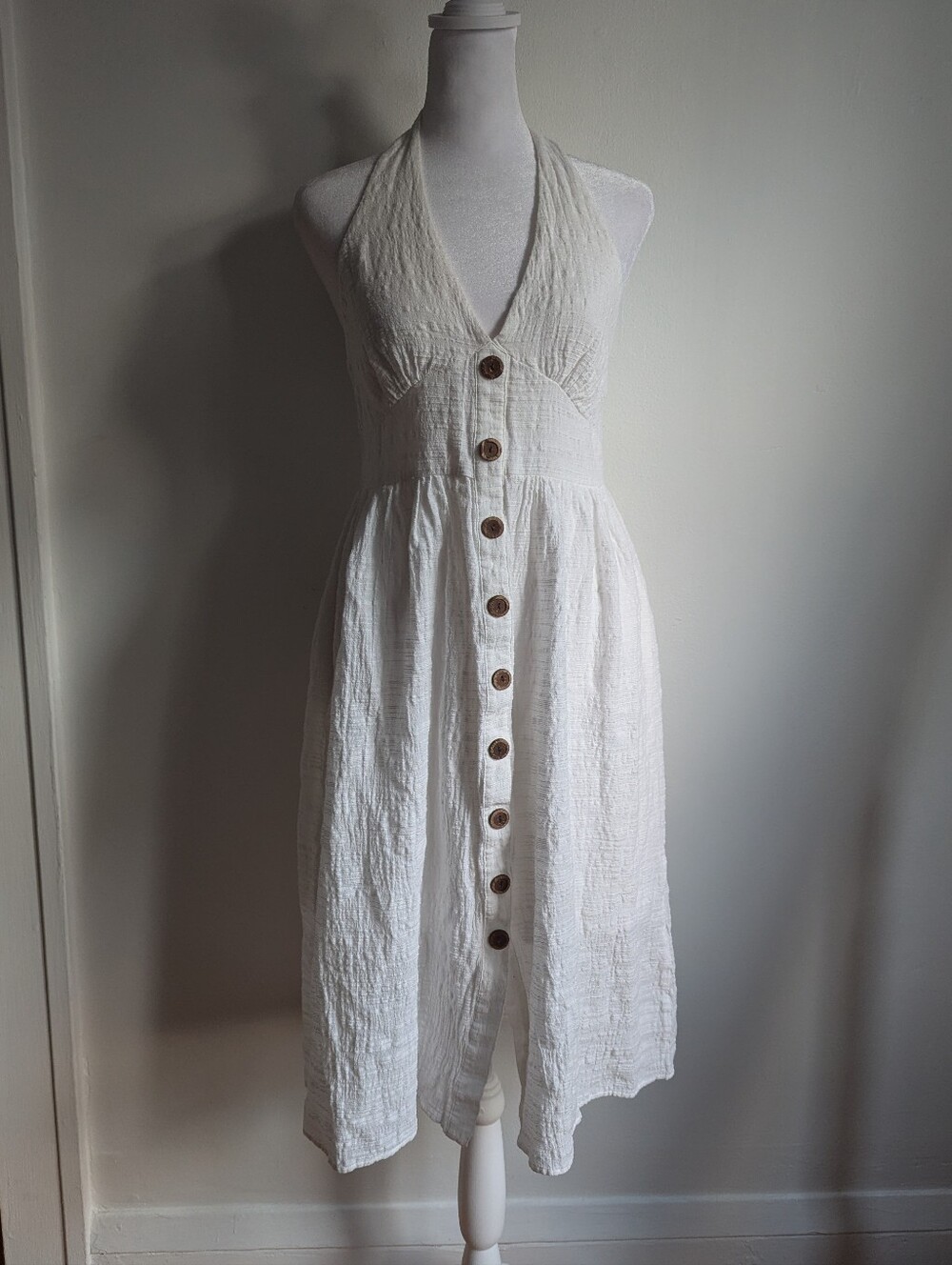 Y2K White Crinkled Cotton Smocked Button Down Midi Halter Dress Size S